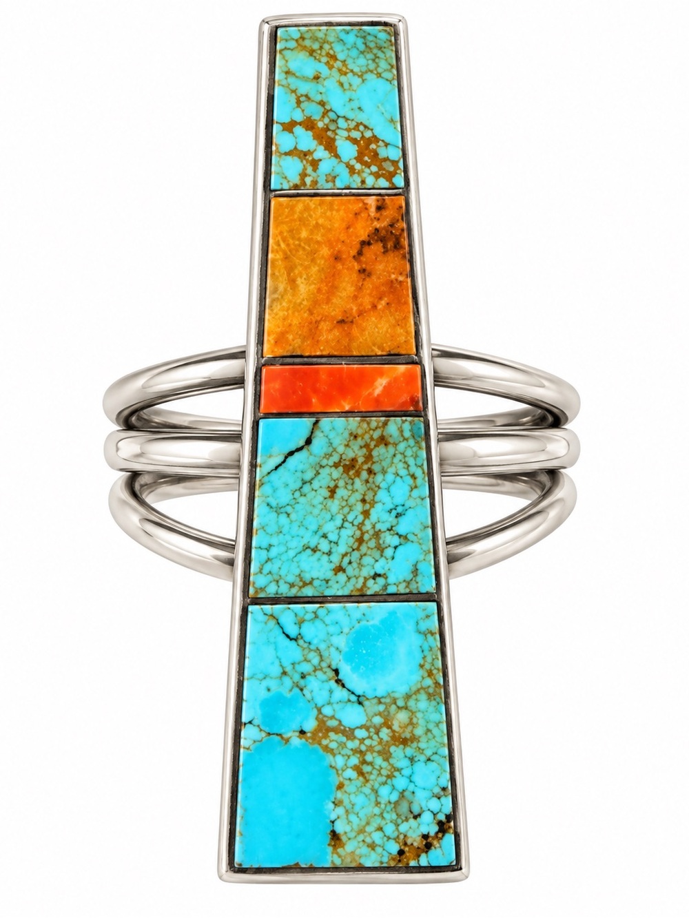 Native Turquoise, Orange and Coral Inlay Sterling Silver Ring